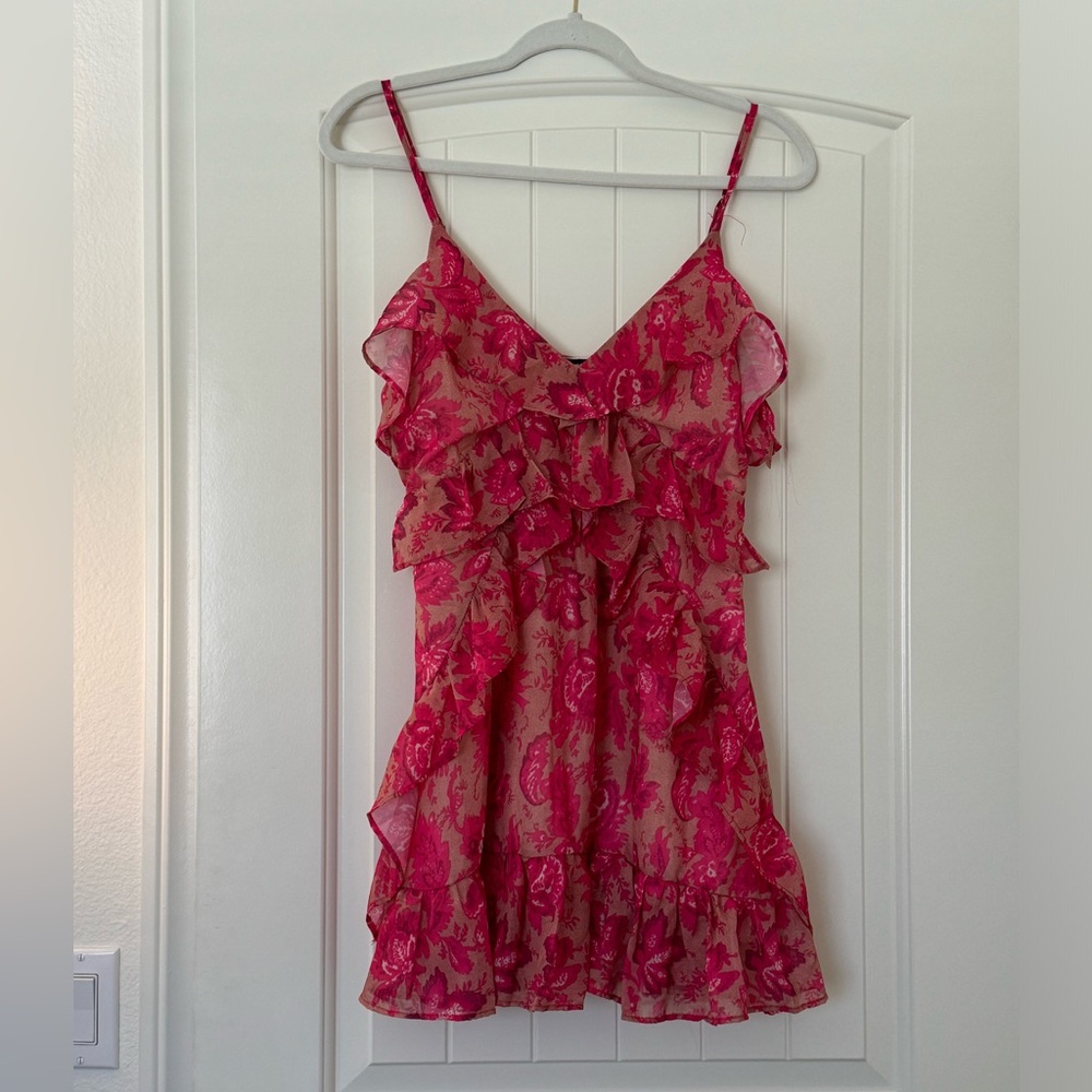 ZC Women Hot Pink/ Nude Ruffel Floral Strappy Summer Dress